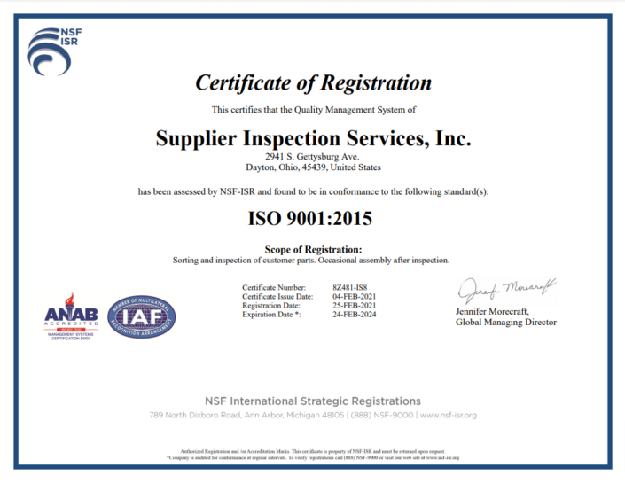 Certificates - Supplier Inspection Services